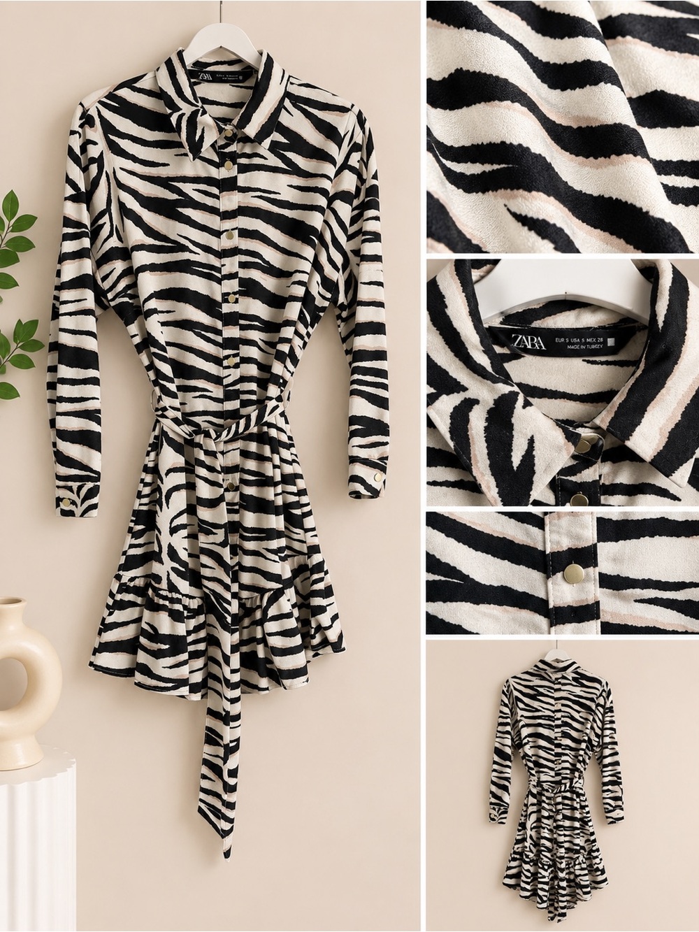 Zara Black & Cream Zebra-Print Button Shirt Dress